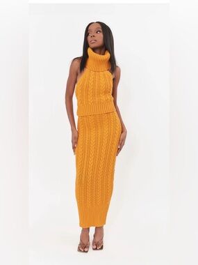 Cable Knit Turtleneck Maxi Skirt in Mustard Yellow